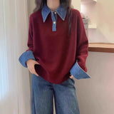Cowboy Sleeve Splicing Fake Two Sweaters Women's Autumn/Winter 2025 Women's Loose POLO Collar Knitted Knitted Jersey HZ0108