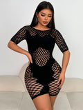 2025 New Spring And Summer Solid Women's Round Neck Short Sleeve Lace Hollow Sexy Tight Body Shorts HZ0108