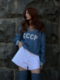 Hot Soviet Collar Knitting Top Loose Letter Striped Long-Sleeved Sweater Fashion Women's Clothing HZ0108