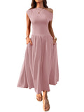 2025 Summer Slanted Shoulder Sexy Waist Solid Color Long With Pocket Dress HZ0108