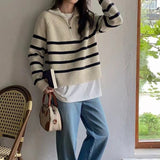 Korean Chic Autumn/Winter French Lazy Half Zipper Loose Casual Colling Striped Long-Sleeved Knitted Sweater Woman HZ0108