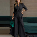 2025 Large-Size Women's Clothing In Broad-Legged Solid Color V-Neck Simple Fashion Jumpsuit HZ0108