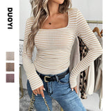 Real Shooting 2025 New Lady T-Shirt Collar Collar Collar Knitted Long-Sleeved Shirt HZ0108
