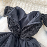 Niulatu A line Off The Shoulder Tulle Short Sleeves Black Tulle Holiday Dresses Ruffles Women Dress SD1269