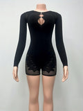 25 Years Of Summer Explosion Women's Lace Hollow Set Diamond Long Sleeve Solid Color Repair Body Conjoined Shorts HZ0108