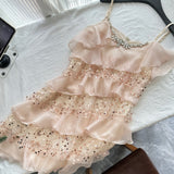 Cute A Line Spaghetti Straps Pink Sequin Casual Dress Summer Short Holiday Dresses HZ1214