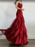 Niulatu Mermaid Spaghetti Straps Red Chiffon Ruffles Birthday Dresses Long Prom Dress SD1160