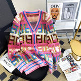 Rainbow V-Neck Sweater 2025 Autumn/Winter Retro-Dwine Knitted Cardigan Women Design Small Soft-Creinating Jacket HZ0108