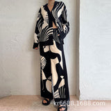 Spring Women's Dress 2025 Temperament New Casual Print V-Neck Shirt Broad Leg Pants Women's Suit HZ0108
