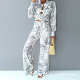 Spring Women's Dress 2025 Temperament New Casual Print V-Neck Shirt Broad Leg Pants Women's Suit HZ0108
