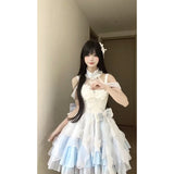 Vintage Ball Gown High Neck Light Sky Blue Chiffon Short Summer 18th Birthday Dress Lolita Dress Birthday Outfits HZ1214