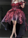 Beautiful High Low Off The Shoulder Short Sleeves Ombre Burgundy Floral 16th Chiffon Birthday Dress Lolita Dress 18th Birthday Outfits HZ1214