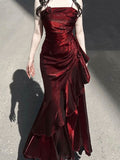 Vintage Mermaid Spaghetti Straps Burgundy Long Summer 18th Birthday Dress Lolita Dresses Birthday Outfits HZ1214