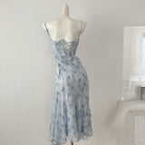 Blue summer romance song neck halter design goddess dress long and short chiffon dress for women HZ1214