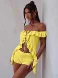 2025 Summer Sexy Shoulder Lotus Leaf Top Three-Point Shorts Wool Suit HZ0108