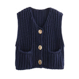 Metal Buckle Red Vest Spring And Autumn Women's Pocket Sleeveless Short Knitted Cardigan Sweater HZ0108