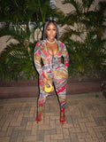 2025 New Women's Fashion Fashion Print Zipper Hooded Top + Trousers Two Sets HZ0108