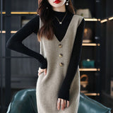 2025 Spring And Autumn V-Neck Dress Women's Vest Vest Knitted Long Sweater Bottom Sweater Skirt Sleeveless HZ0108