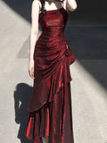 Vintage Mermaid Spaghetti Straps Burgundy Long Summer 18th Birthday Dress Lolita Dresses Birthday Outfits HZ1214