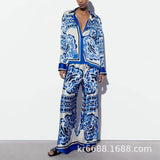 Spring Women's Dress 2025 Temperament New Casual Print V-Neck Shirt Broad Leg Pants Women's Suit HZ0108