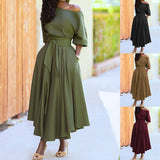 2025 New Women's Simple Slanted Shoulder Tie With Waist Solid Color Dress Woman HZ0108