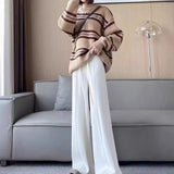 New Pit Strip Design Feels Tight Waist Knitted Wide Leg Trousers Girl High-Waist Solid Color Knitting Women's Trousers HZ0108