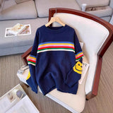 Colored Striped Smiley Face Long-Sleeved Sweater Women's Autumn And Winter New Lazy Style Retro Loose Collar Knitting Top HZ0108
