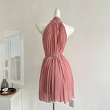 Sexy A line Halter Neckline Pink Short Chiffon Summer Dress Holiday Party Outfits For Women HZ1214