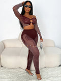 2025 Female Solid Color Seam Drill Shoulder Long Sleeve Umbilong Quilt Jersey Trousers Knitted Casual Suit Sexy HZ0108