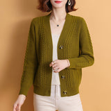 2025 Autumn And Winter V-Neck Solid-Colored Cardigan Simple Loose Middle-Age Mother Long-Sleeved Knitted Sweater Women's Casual Coat HZ0108