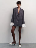 Loose Large-Size Blazer Women's High-End Texture Design Niche Lace Lotus Side Spliced Striped Suit HZ0108