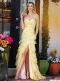 Niulatu Strapless Chiffon Print Floral Layered Evening Dress Slit Prom Dress HZ1007