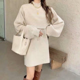 Lantern Sleeve Two Sets Of Knitted Dress 2025 Autumn And Winter New Korean Version Of Temperament Mid-Rise Wear Bottom Sweater Skirt HZ0108