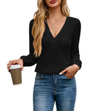 2025 Autumn And Winter New Multi-Level V-Neck Solid Color Long-Sleeved Lady T-Shirt HZ0108