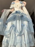 Vintage Ball Gown Off The Shoulder Short Sleeves 16th Blue Birthday Dress Lolita Summer Dress 18th Birthday Outfits HZ1214