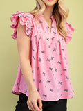 2025 Summer New V-Neck Multi-Layer Lotus Leaf Sleeve Sweet Print Lady Shirt HZ0108