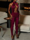 2025 New Women's Fashion Sexy All-Round Collar Hollow Folding Solid Color Jumpsuit HZ0108