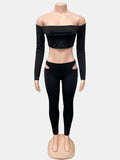 2025 Autumn Women's Shoulder Long Sleeves Short Sleeves Blouses Empty Leggings Two Sets HZ0108