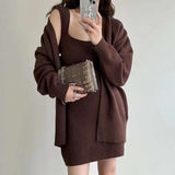 Korean Chic Autumn/Winter Miniaum Vintage Lazy Sweater Coat + Knitted Suspension Dress Two-Sleeve Woman HZ0108