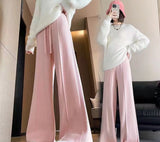 New Pit Strip Design Feels Tight Waist Knitted Wide Leg Trousers Girl High-Waist Solid Color Knitting Women's Trousers HZ0108