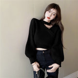 Hanging Neck Knitted Shirt Women 2025 Spring And Autumn Design Small Fried Street Lantern Sleeve Sweater Pure Lusty Dew Shoulder Coat HZ0108
