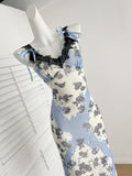 Sexy Sheath Straps Floral Blue Summer Dress Holiday Party Outfits For Women HZ1214