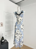 Sexy Sheath Straps Floral Blue Summer Dress Holiday Party Outfits For Women HZ1214