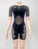 2025 New Spring And Summer Solid Women's Round Neck Short Sleeve Lace Hollow Sexy Tight Body Shorts HZ0108