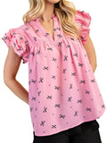 2025 Summer New V-Neck Multi-Layer Lotus Leaf Sleeve Sweet Print Lady Shirt HZ0108