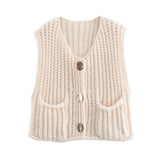 Metal Buckle Red Vest Spring And Autumn Women's Pocket Sleeveless Short Knitted Cardigan Sweater HZ0108
