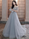 Niulatu Beaded Off Shoulder Tulle Prom Dress, A-line Grey Evening Dress Party Dress HZ0113