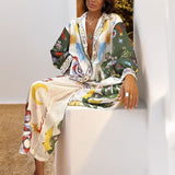 Spring Women's Dress 2025 Temperament New Casual Print V-Neck Shirt Broad Leg Pants Women's Suit HZ0108