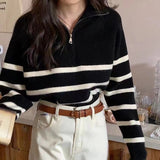 Korean Chic Autumn/Winter French Lazy Half Zipper Loose Casual Colling Striped Long-Sleeved Knitted Sweater Woman HZ0108
