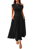 2025 Summer Slanted Shoulder Sexy Waist Solid Color Long With Pocket Dress HZ0108